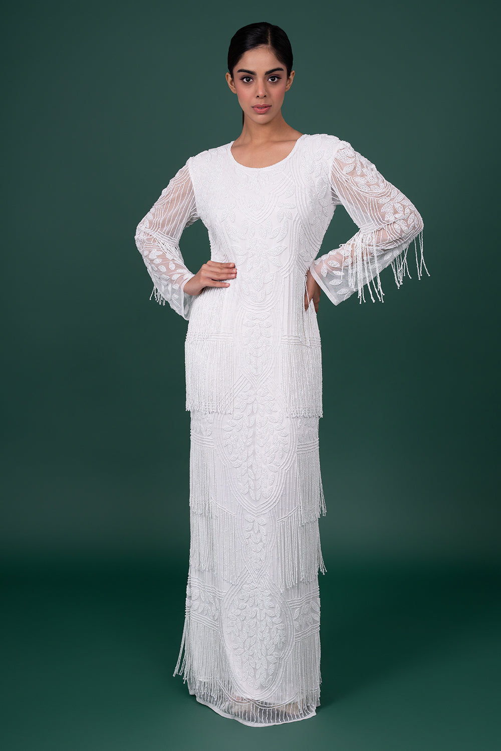 Ivory Leaf-Motif Sequin And Bead-Work Georgette Fringe Gown