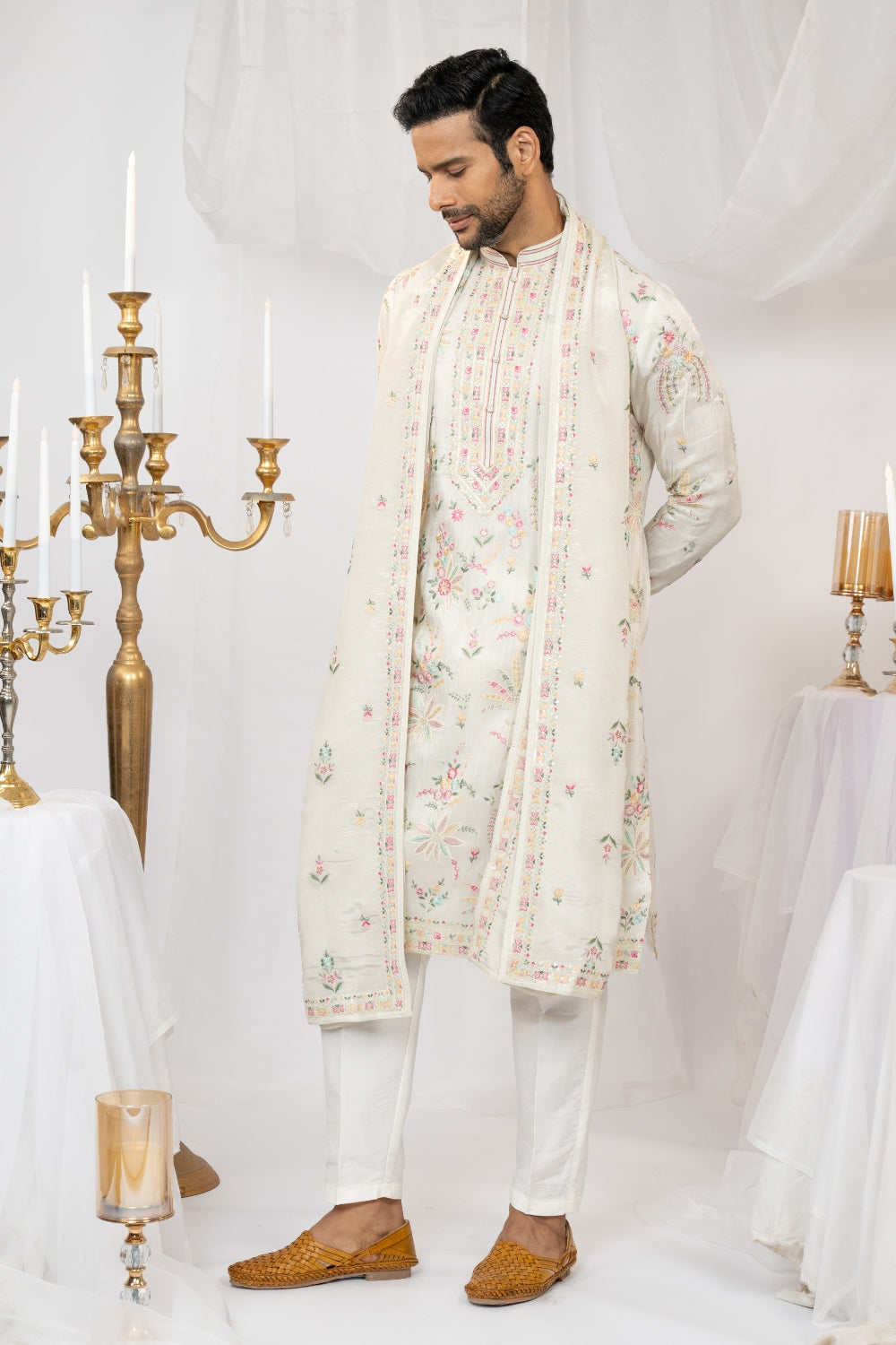 Ivory Tissue Silk Kurta Set With Sequins And Resham Embroidery