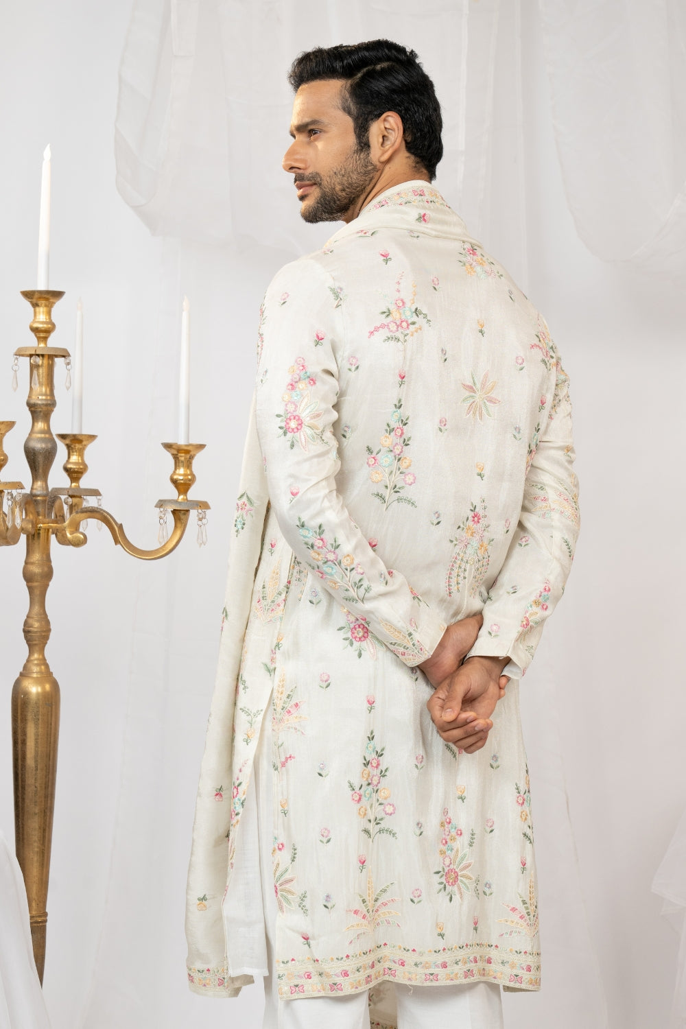 Ivory Tissue Silk Kurta Set With Sequins And Resham Embroidery