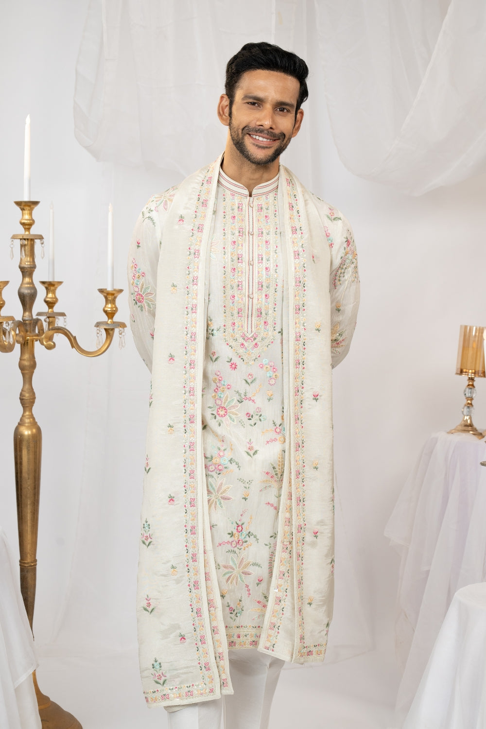 Ivory Tissue Silk Kurta Set With Sequins And Resham Embroidery