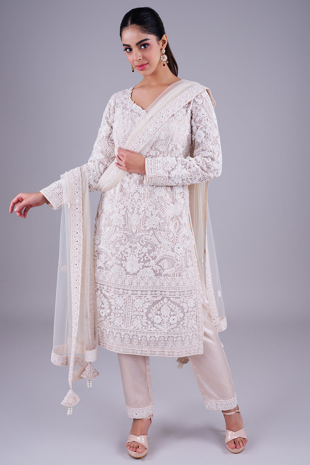 Ivory Embroidered Suit With Dupatta