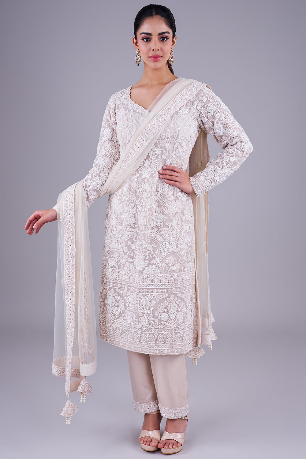 Ivory Embroidered Suit With Dupatta