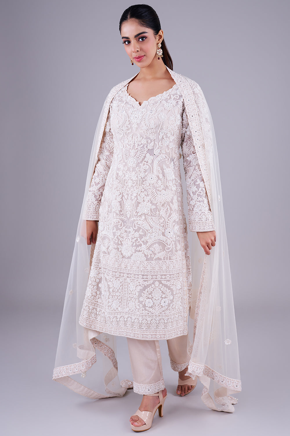 Ivory Embroidered Suit With Dupatta