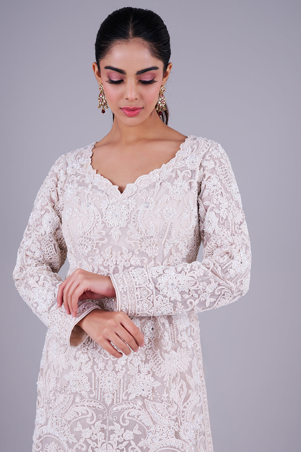 Ivory Embroidered Suit With Dupatta