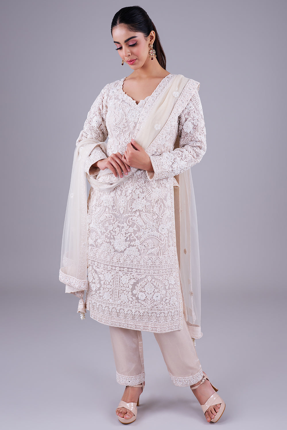 Ivory Embroidered Suit With Dupatta