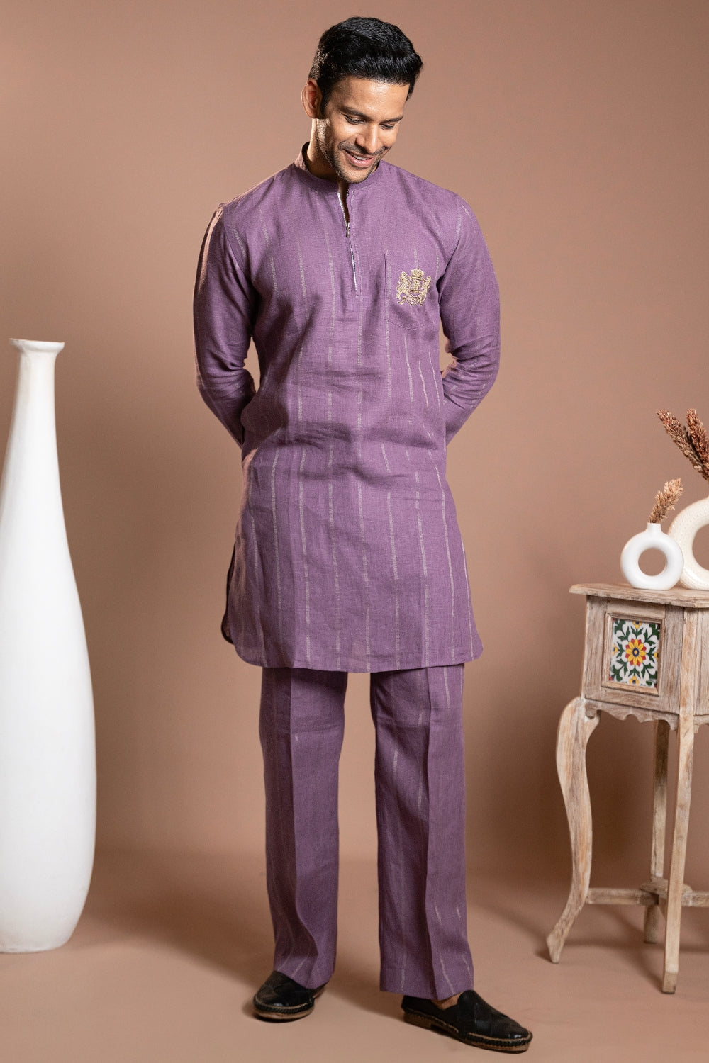 Linen Kurta Set With Zardosi Work
