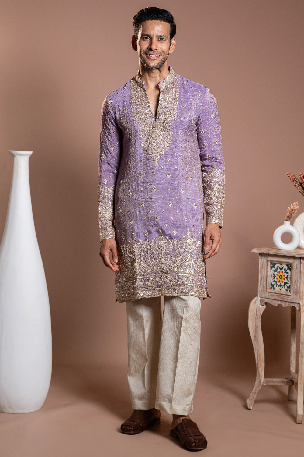 Lavender Tissue Kurta Set With Sequins And Thread Work