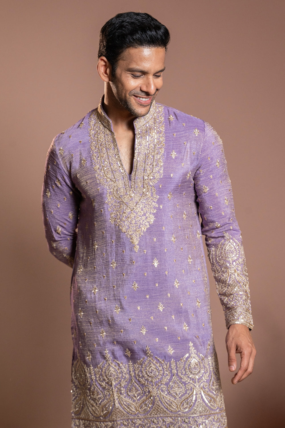 Lavender Tissue Kurta Set With Sequins And Thread Work