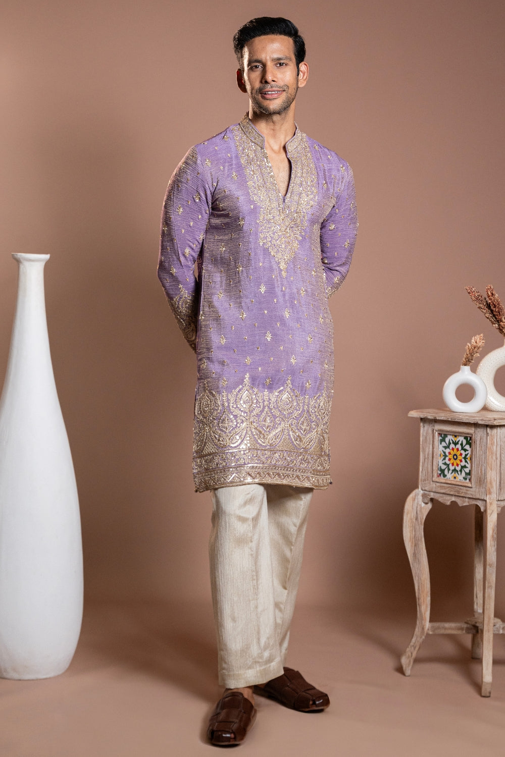 Lavender Tissue Kurta Set With Sequins And Thread Work