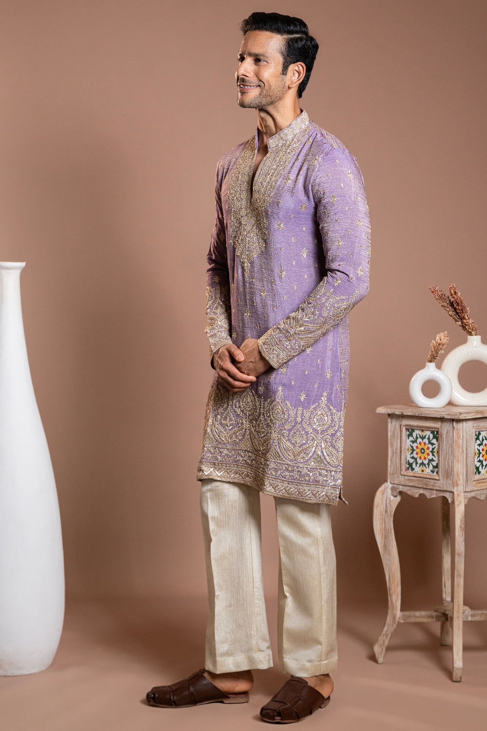 Lavender Tissue Kurta Set With Sequins And Thread Work