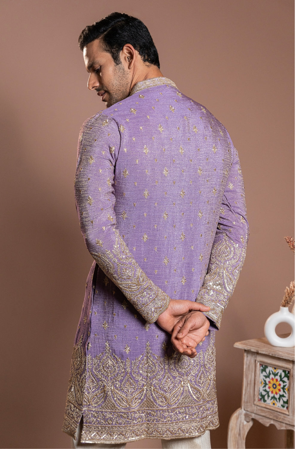 Lavender Tissue Kurta Set With Sequins And Thread Work