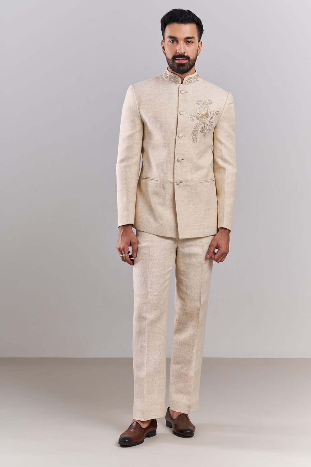 Light Beige Cotton Jute Embellished Jodhpuri Set