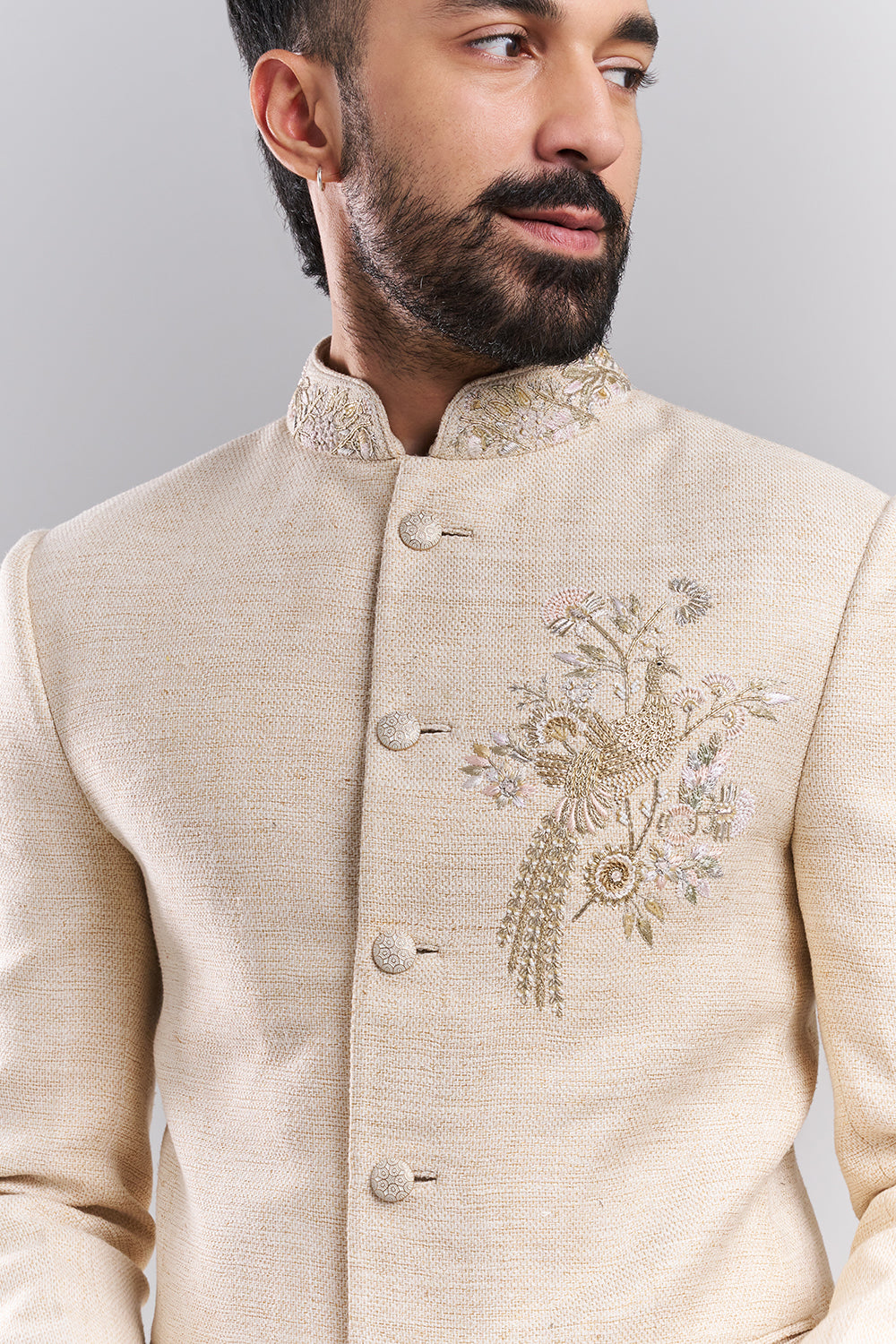 Light Beige Cotton Jute Embellished Jodhpuri Set