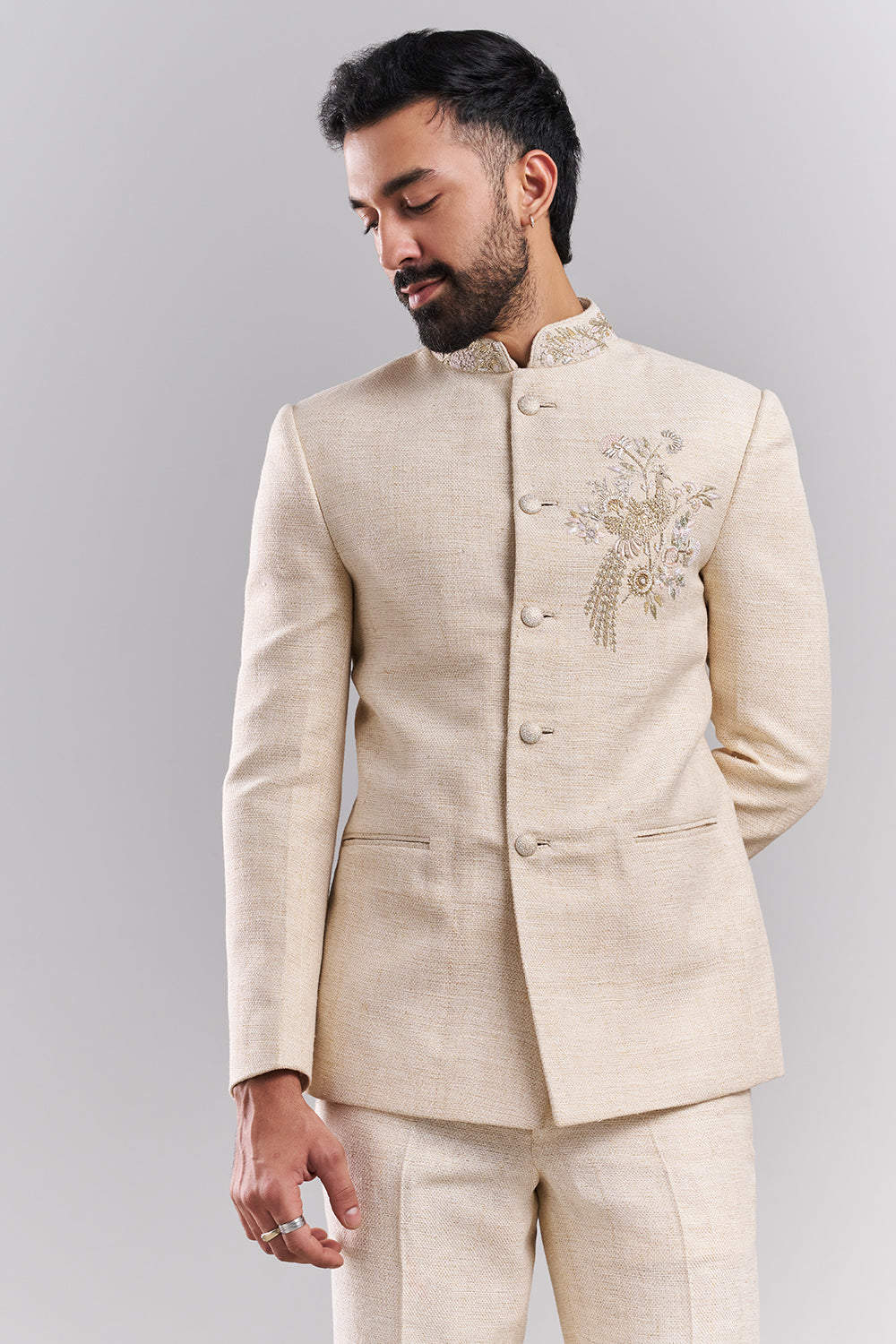 Light Beige Cotton Jute Embellished Jodhpuri Set