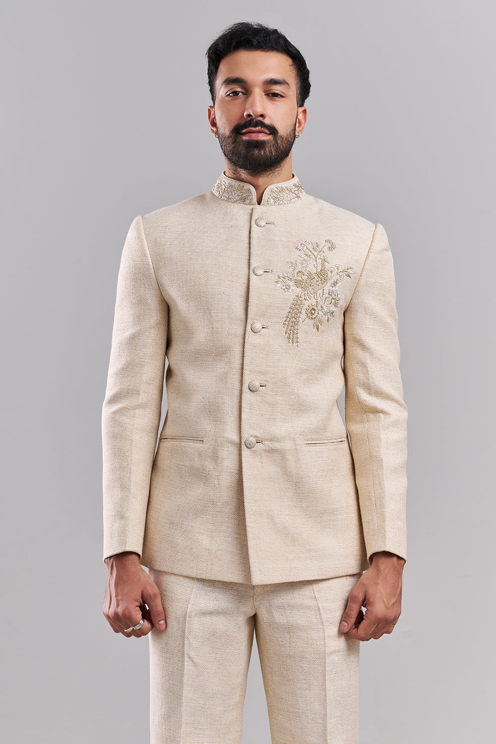 Light Beige Cotton Jute Embellished Jodhpuri Set