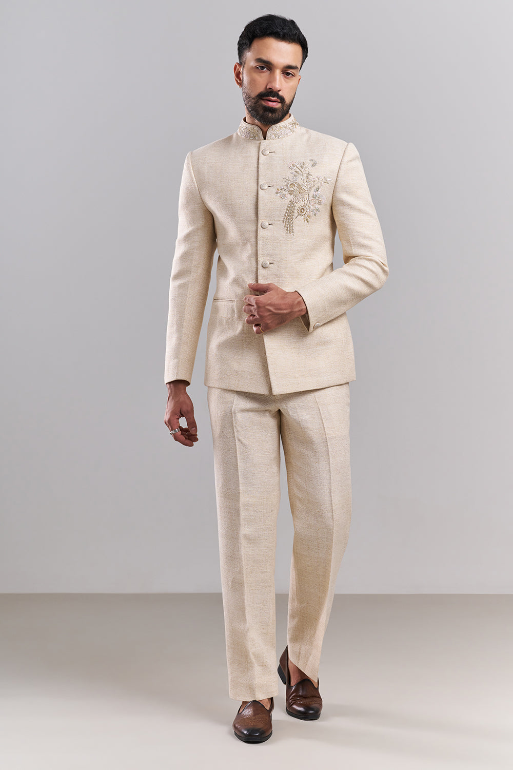Light Beige Cotton Jute Embellished Jodhpuri Set