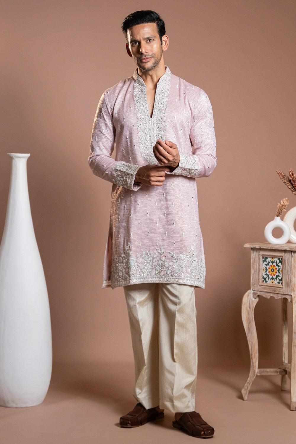 Light Pink Crepe Silk Kurta Set With Sequins And Resham Embroidery