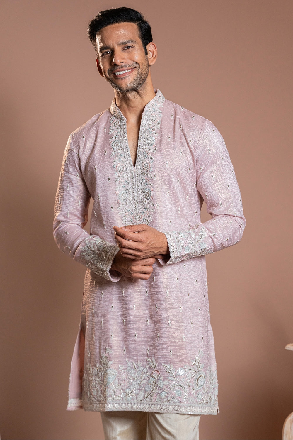 Light Pink Crepe Silk Kurta Set With Sequins And Resham Embroidery
