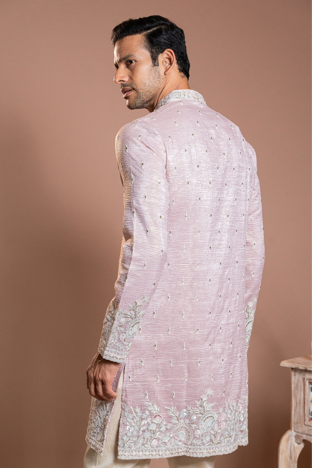 Light Pink Crepe Silk Kurta Set With Sequins And Resham Embroidery