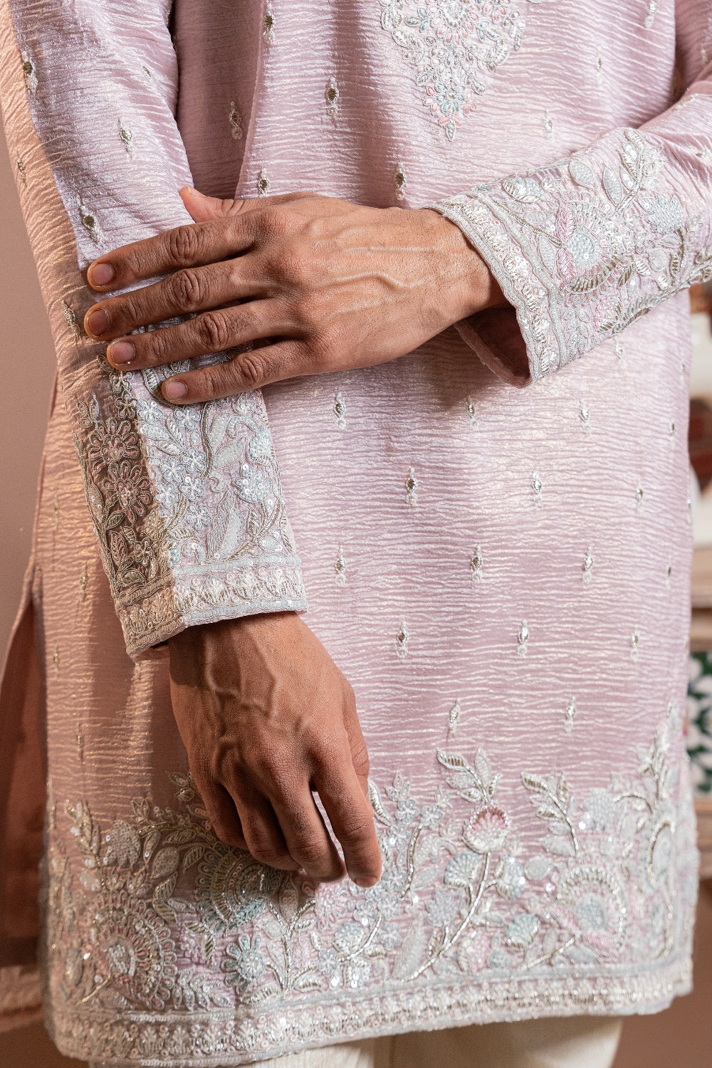 Light Pink Crepe Silk Kurta Set With Sequins And Resham Embroidery