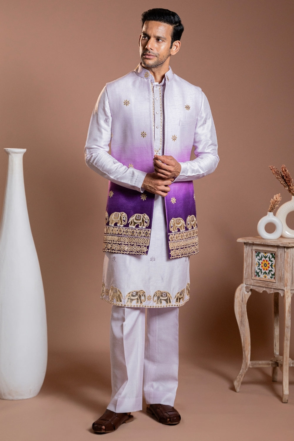 Lilac Ombre Silk Koti Set With Gota Patti And Thread Embroidery