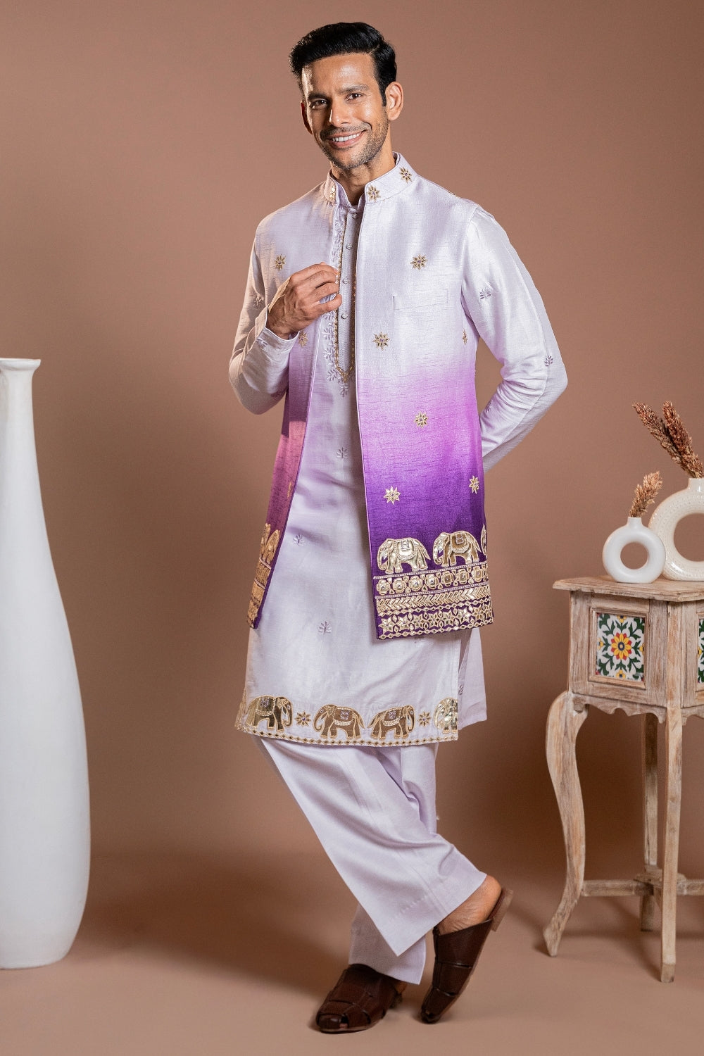 Lilac Ombre Silk Koti Set With Gota Patti And Thread Embroidery
