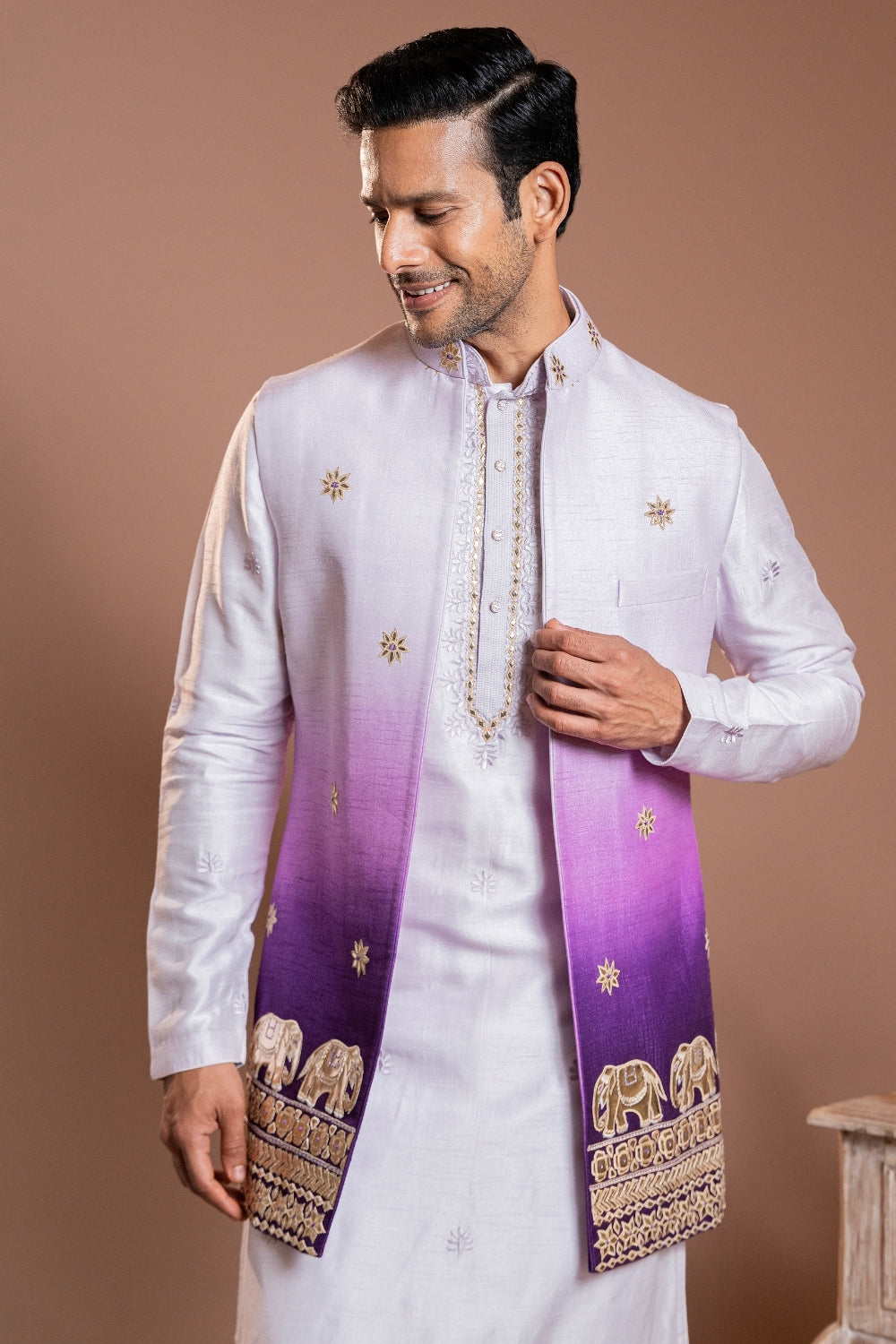 Lilac Ombre Silk Koti Set With Gota Patti And Thread Embroidery
