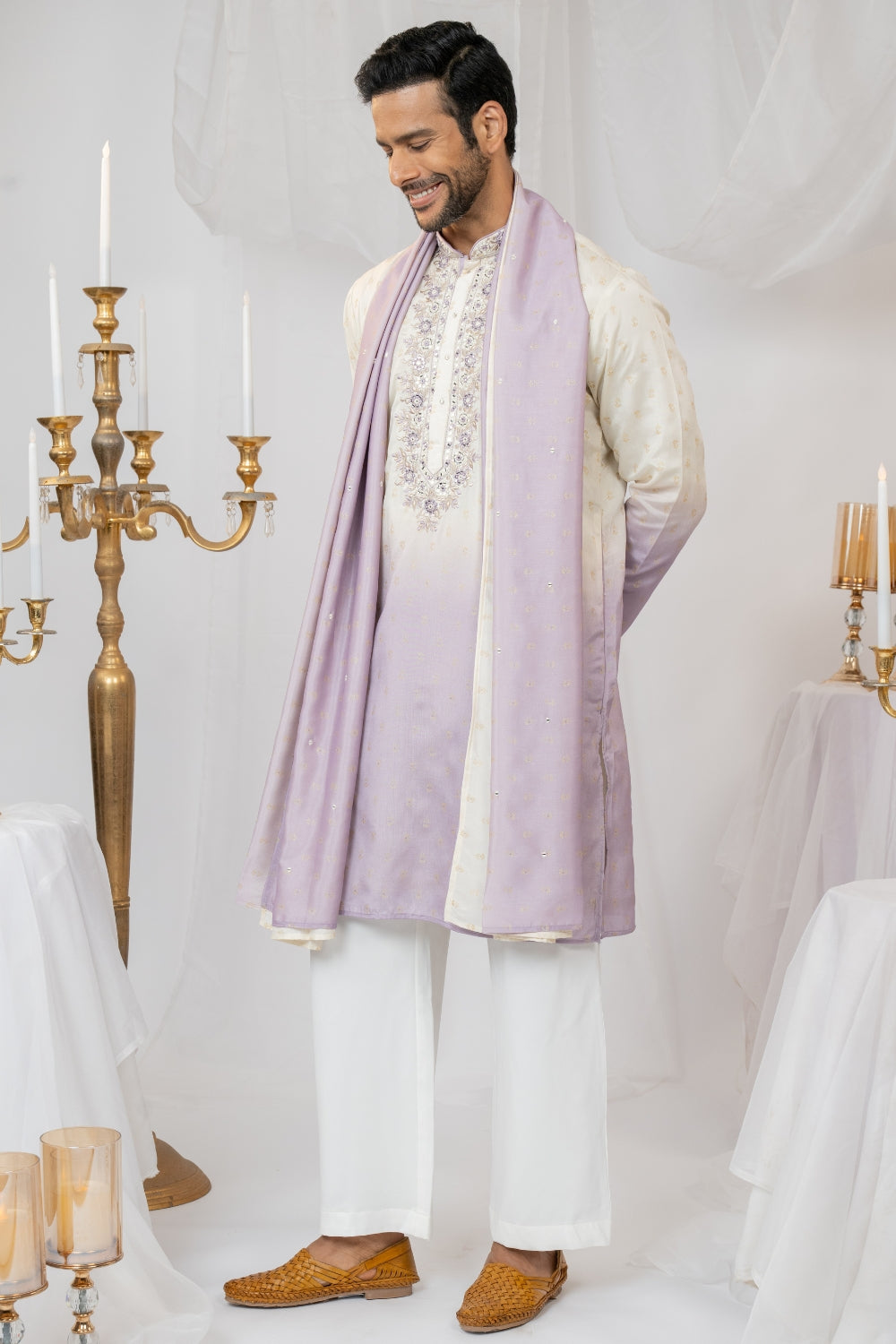 Lilac Ombre Silk Kurta Set With Mirror And Thread Embroidery