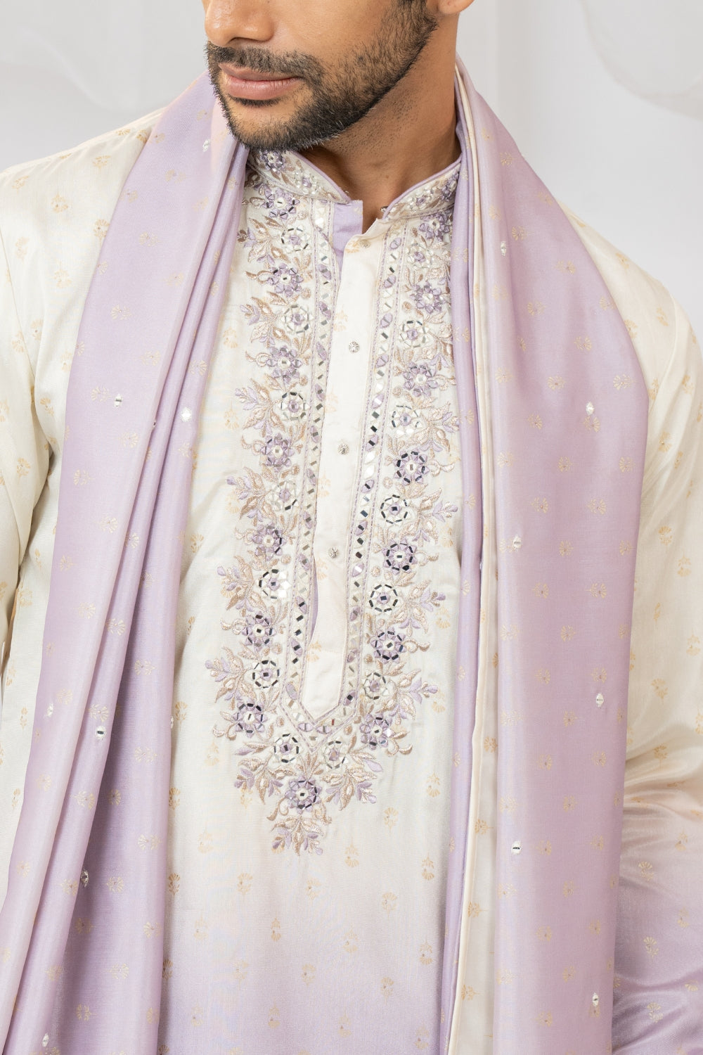 Lilac Ombre Silk Kurta Set With Mirror And Thread Embroidery