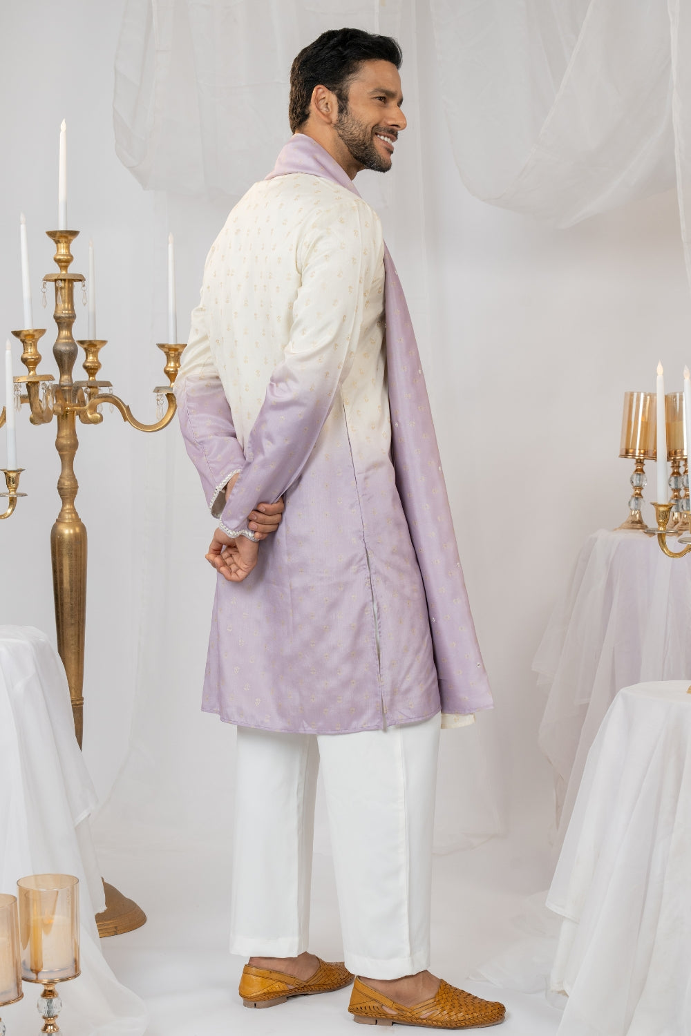 Lilac Ombre Silk Kurta Set With Mirror And Thread Embroidery