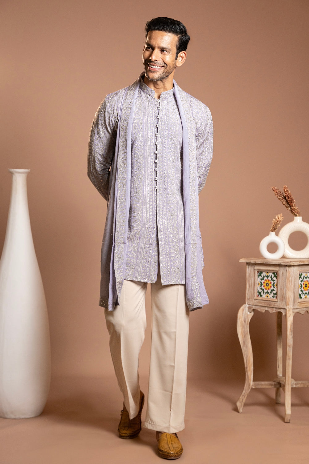 Lilac Tissue Kurta Set With Sequins And Thread Work