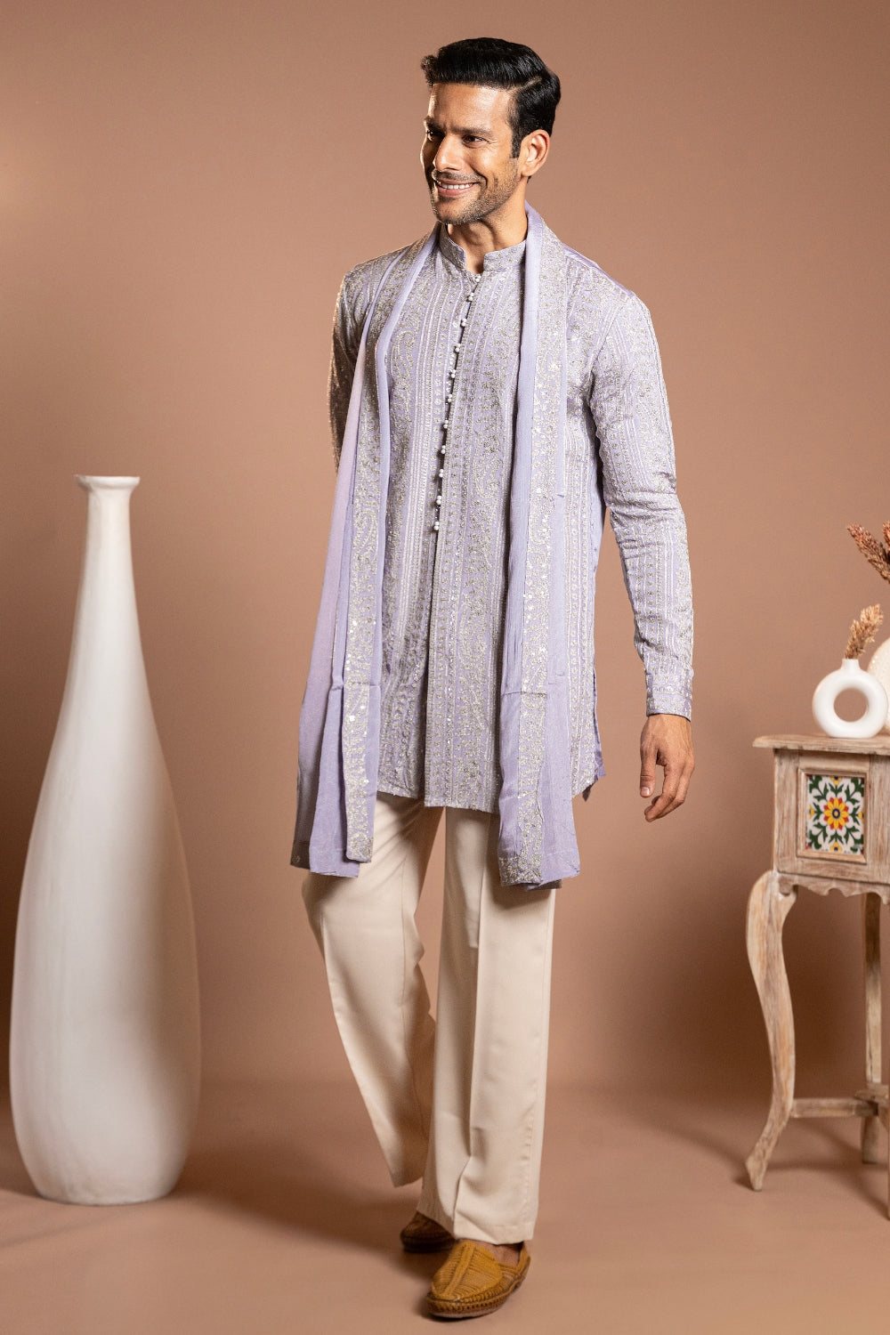 Lilac Tissue Kurta Set With Sequins And Thread Work