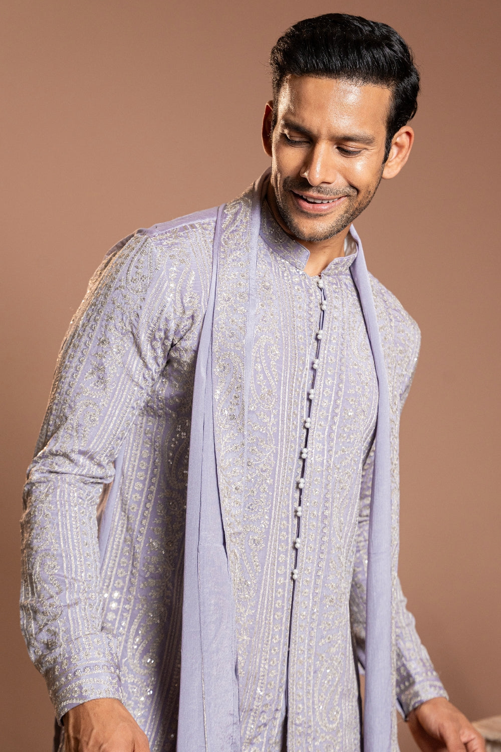 Lilac Tissue Kurta Set With Sequins And Thread Work