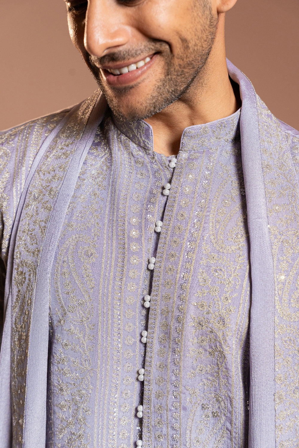 Lilac Tissue Kurta Set With Sequins And Thread Work