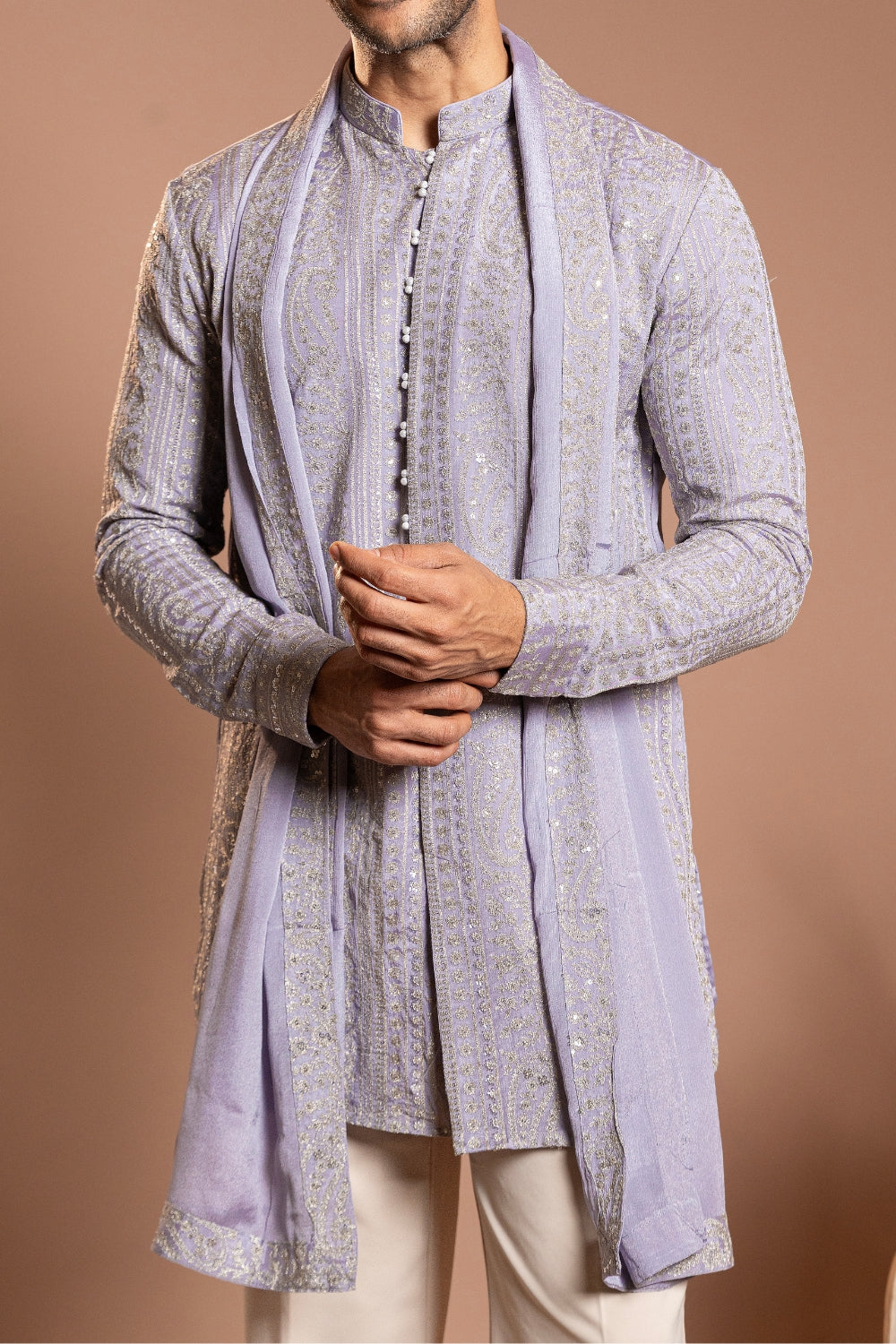 Lilac Tissue Kurta Set With Sequins And Thread Work