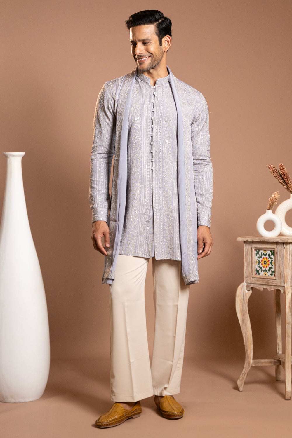 Lilac Tissue Kurta Set With Sequins And Thread Work