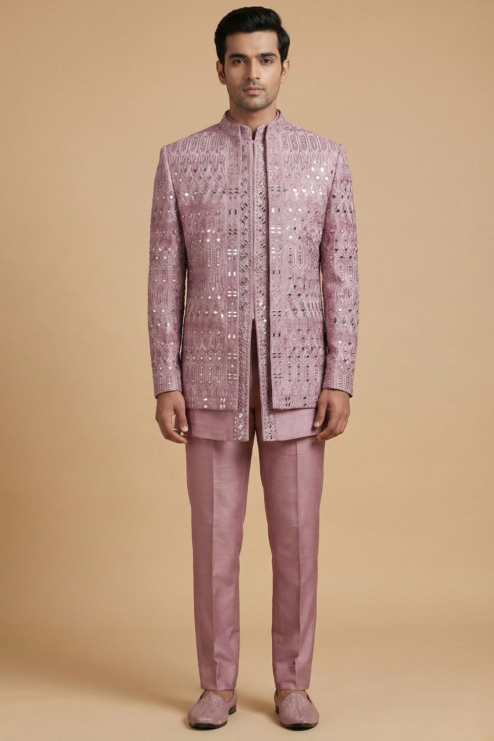 Mauve Imported Indo Western With Mirror And Thread Work