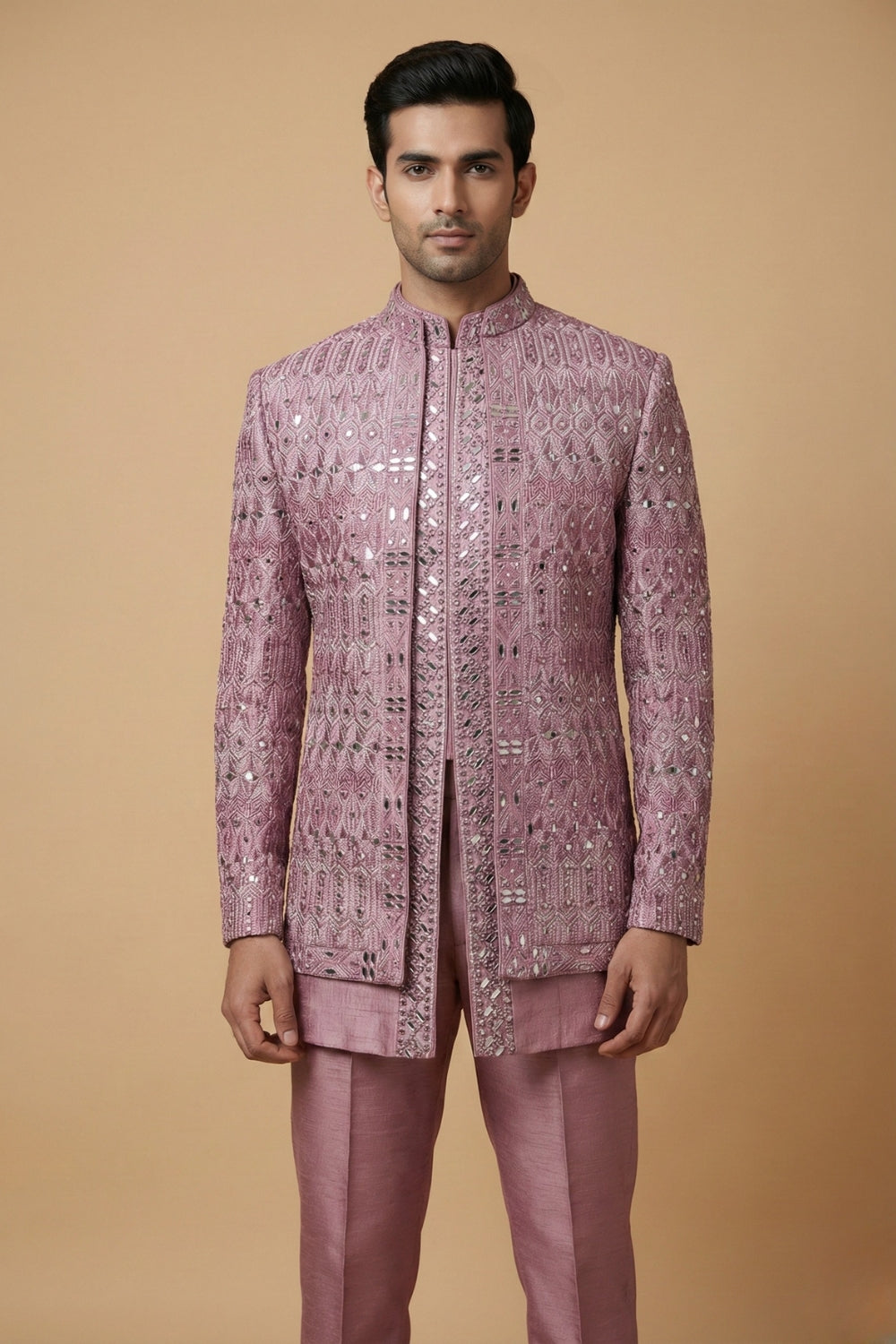Mauve Imported Indo Western With Mirror And Thread Work