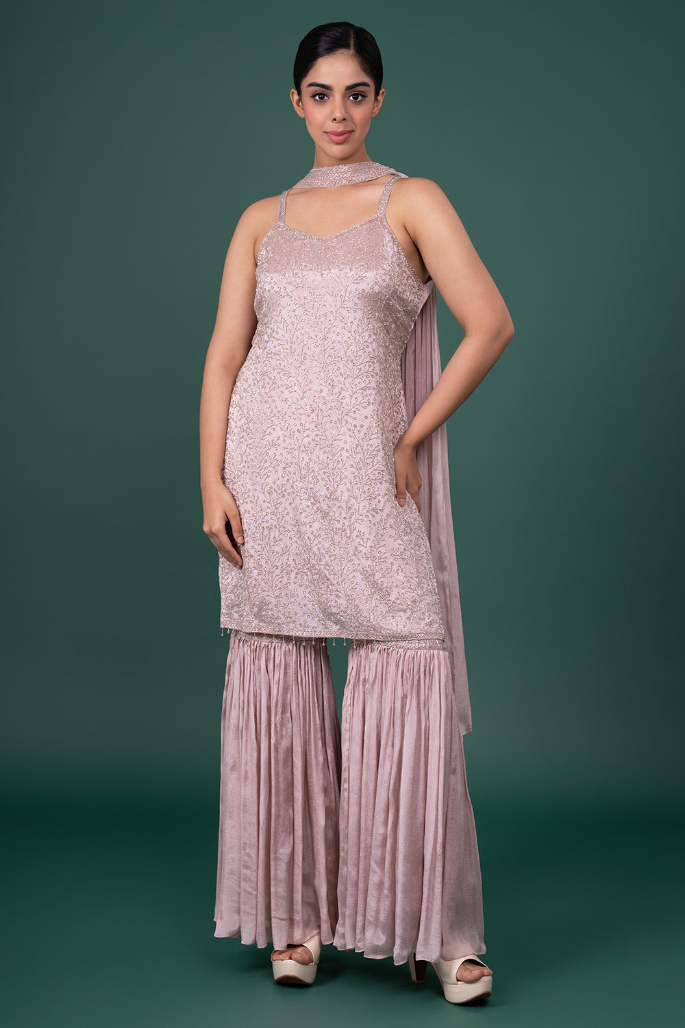 Mauve Sleeveless Georgette Sequin-Work Kurta With Pleated Sharara