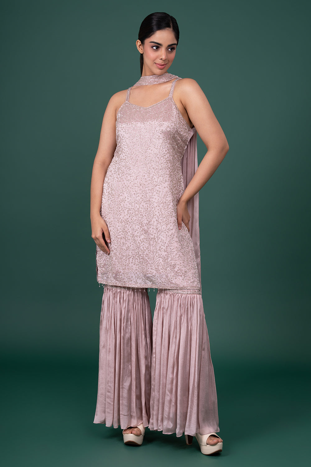 Mauve Sleeveless Georgette Sequin-Work Kurta With Pleated Sharara