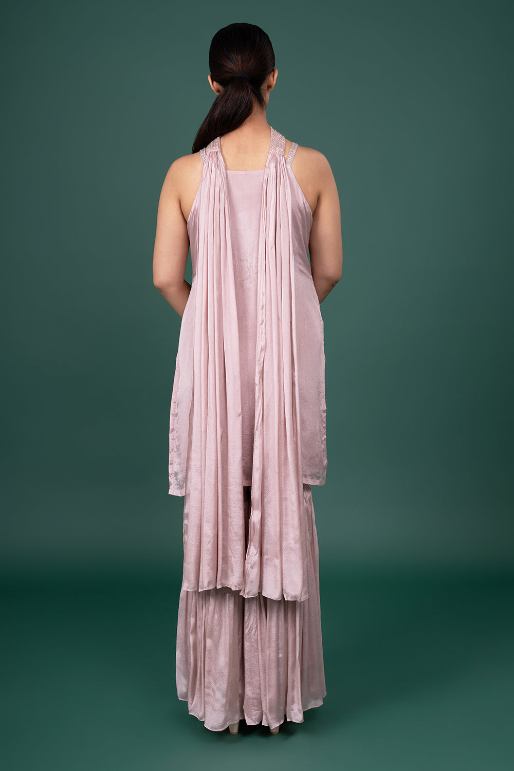 Mauve Sleeveless Georgette Sequin-Work Kurta With Pleated Sharara