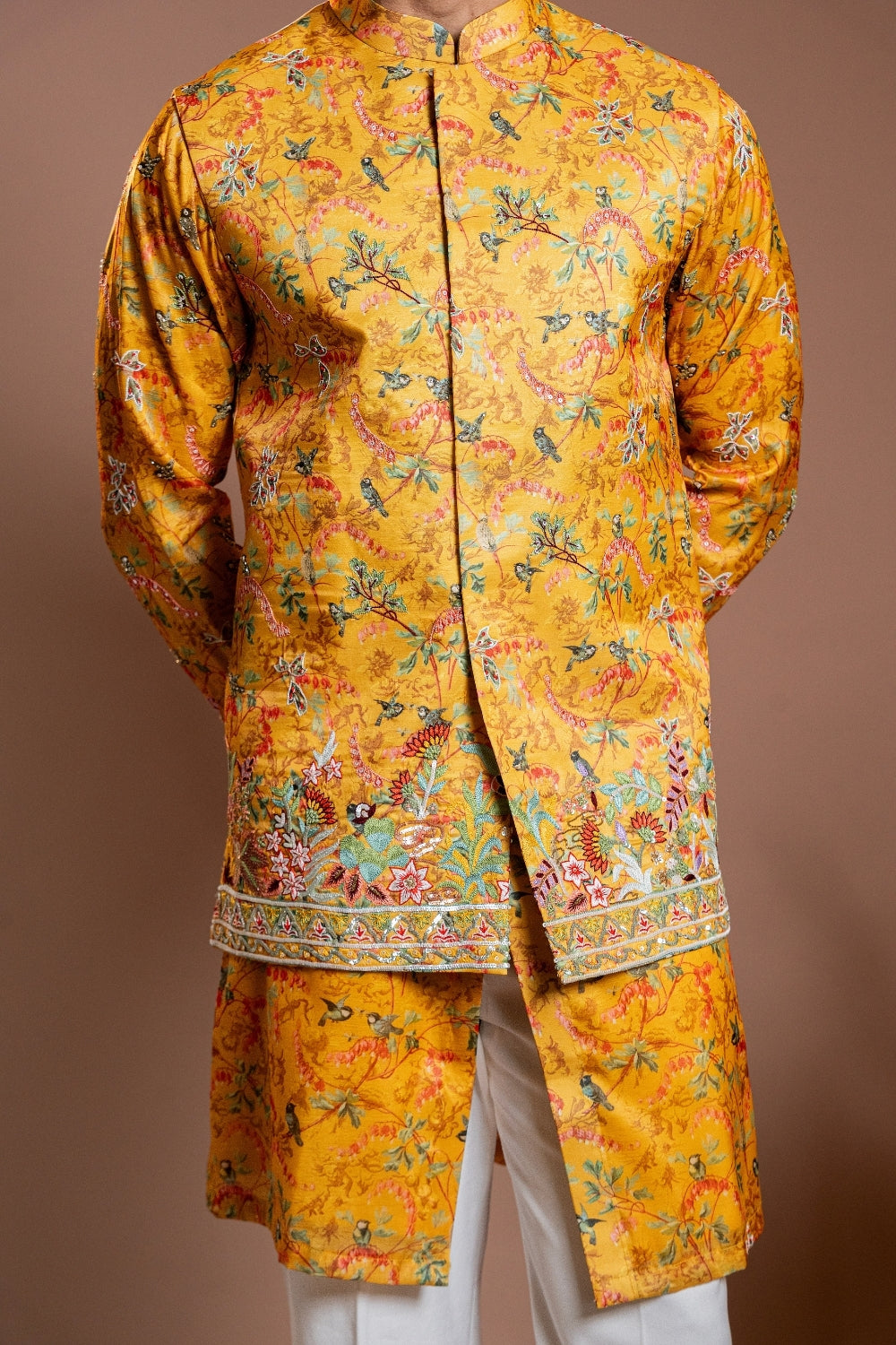 Mustard Yellow Printed Silk Koti Set With Sequins And Cutdana Work