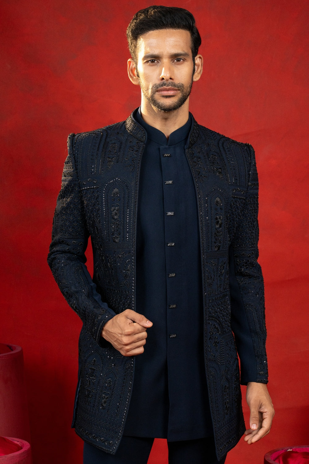 Navy Blue Imported Indo Western With Cutdana And Sequins Work