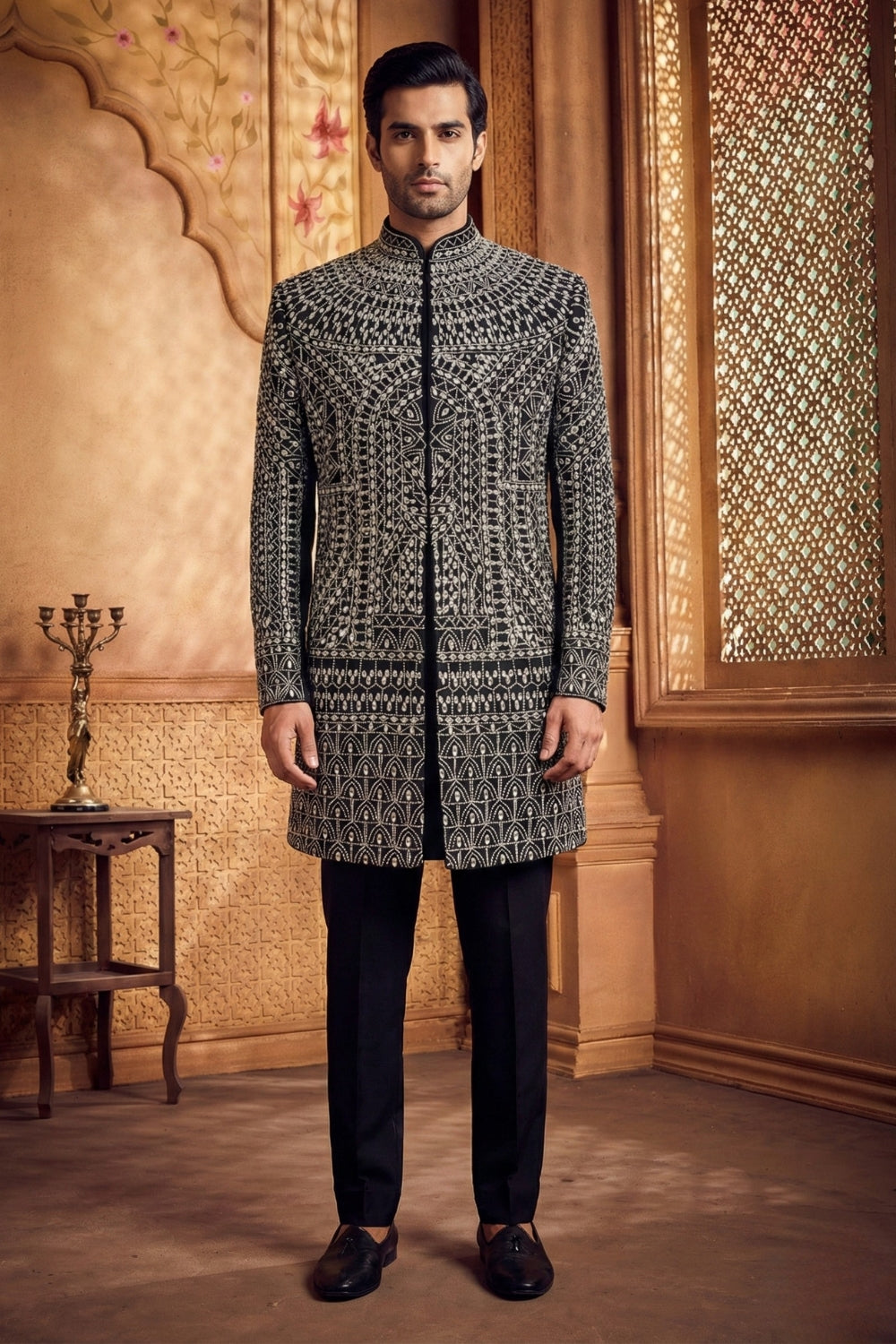 Black Silk Open Indo Western With Mirror And Thread Work