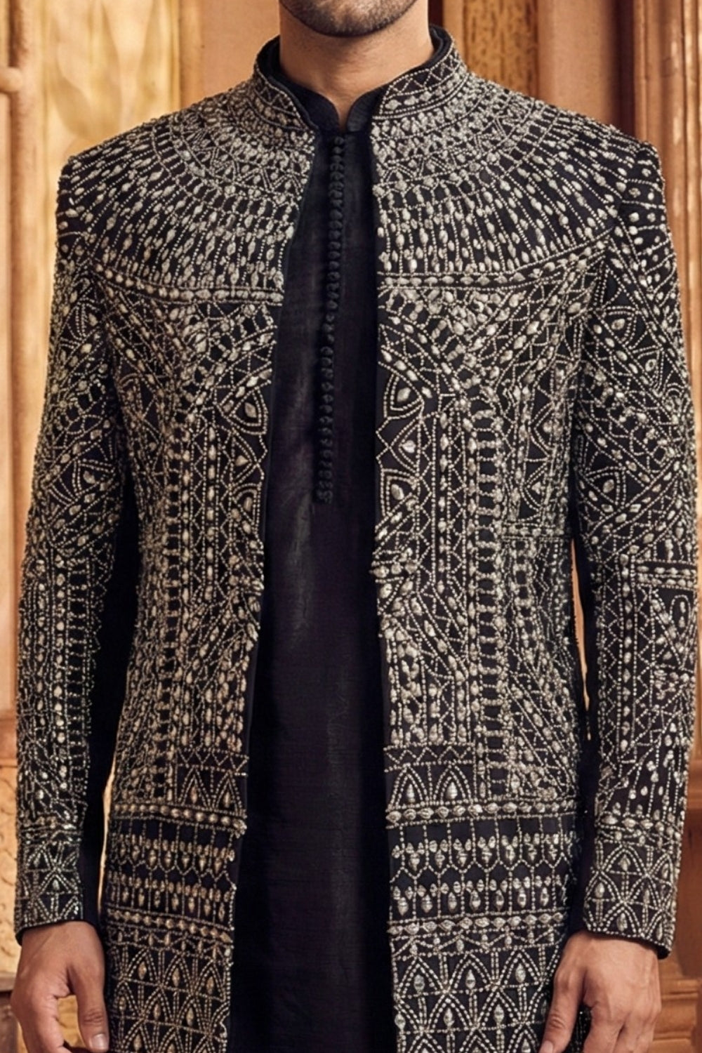 Black Silk Open Indo Western With Mirror And Thread Work