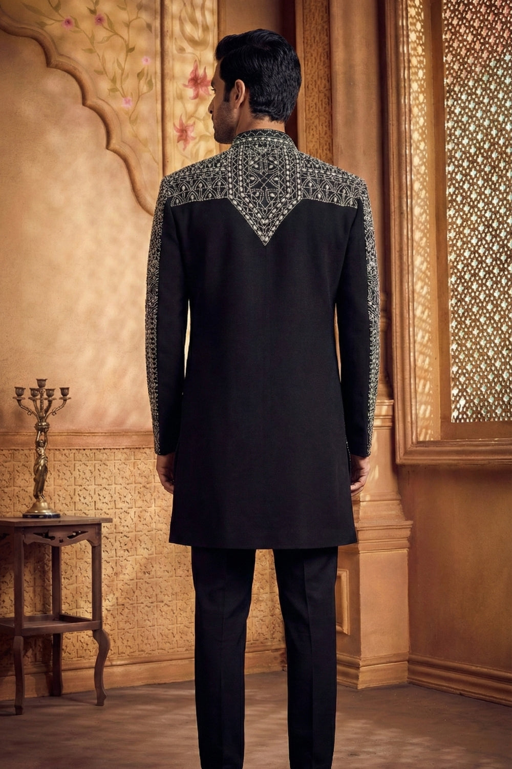 Black Silk Open Indo Western With Mirror And Thread Work