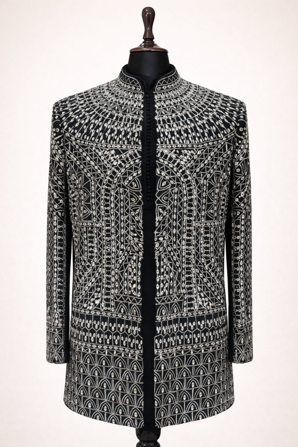 Black Silk Open Indo Western With Mirror And Thread Work
