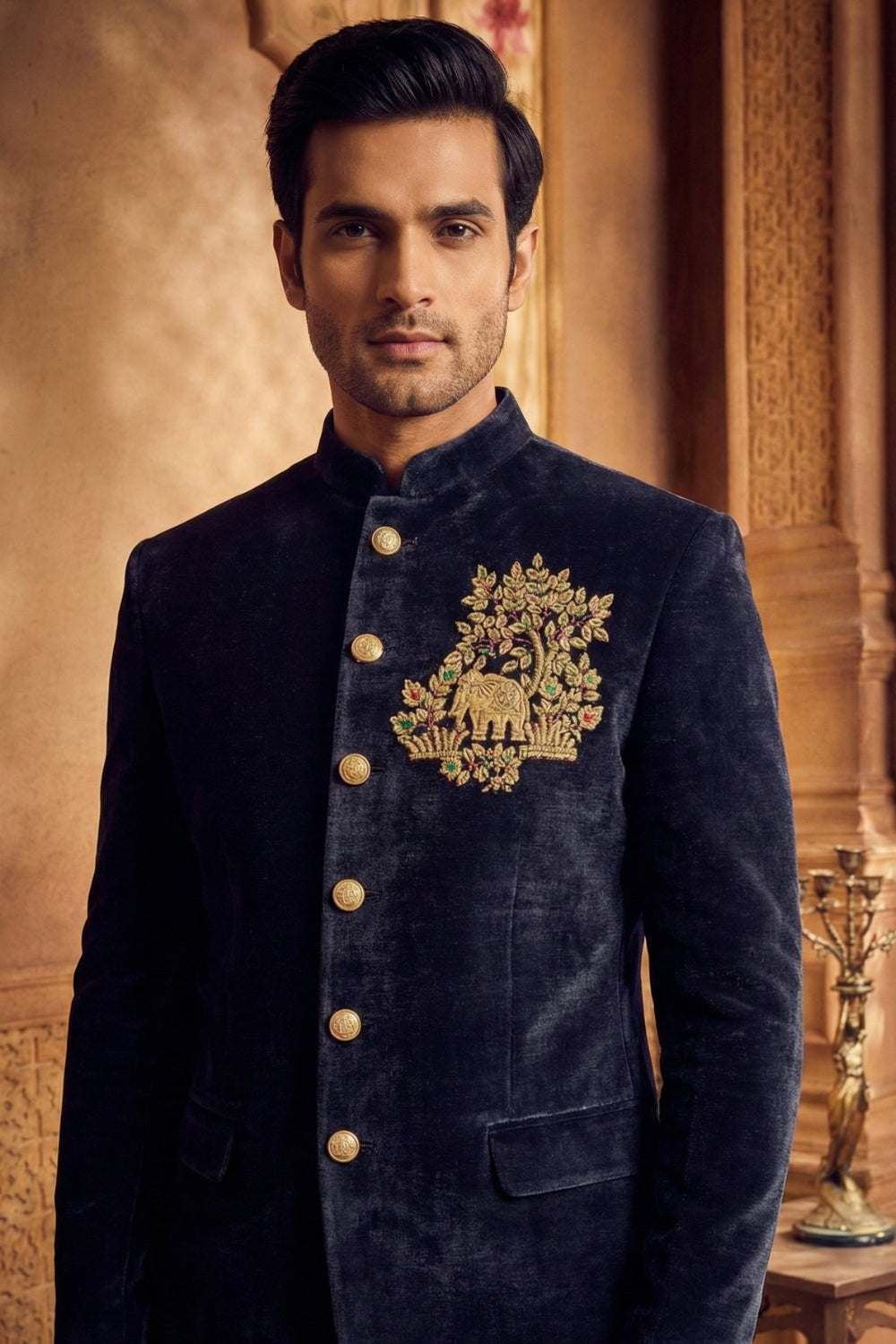 Navy Blue Velvet Jodhpuri Set With Zardosi Work
