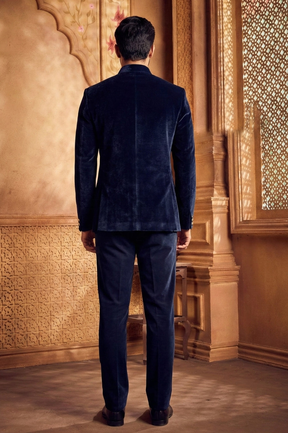 Navy Blue Velvet Jodhpuri Set With Zardosi Work