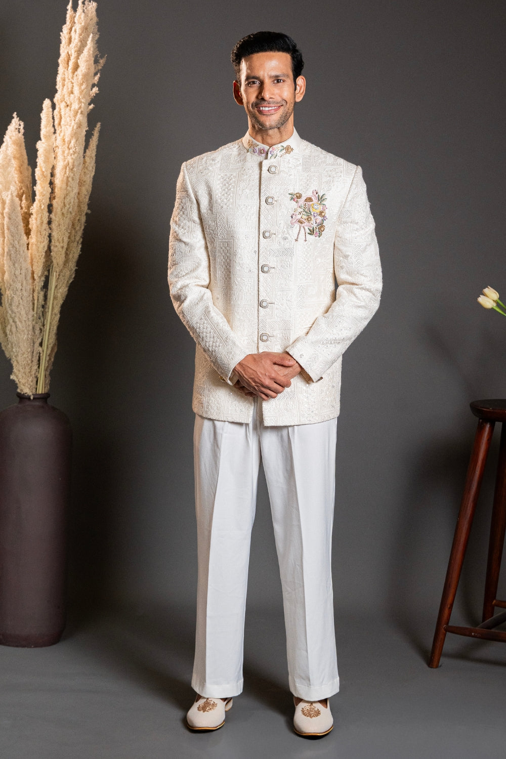 Off White Lucknowi Jodhpuri With Zardosi And Resham Embroidery